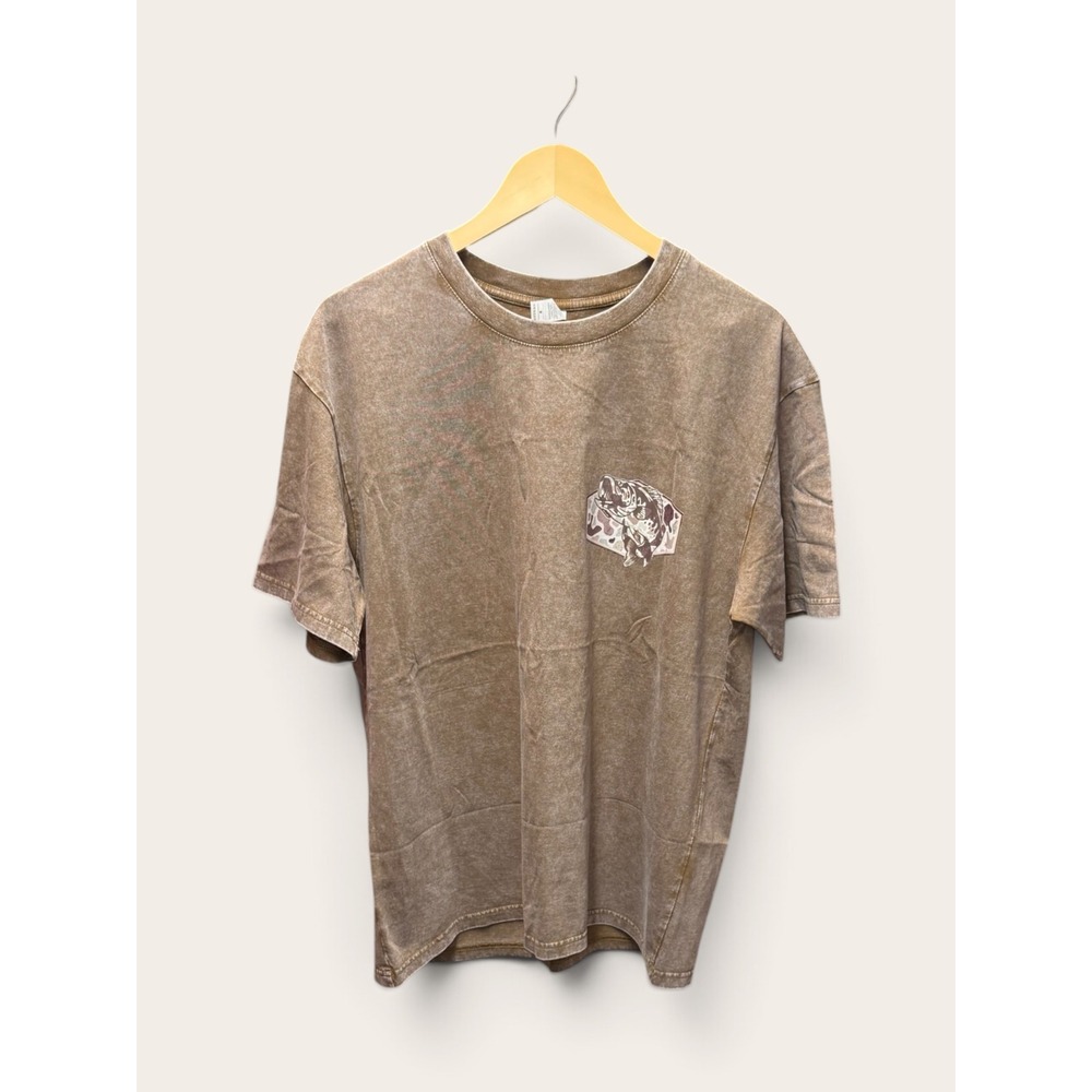 Mens Brown Acid Wash Bass Fishing Graphic T-Shirt 100% Cotton M NWOT
